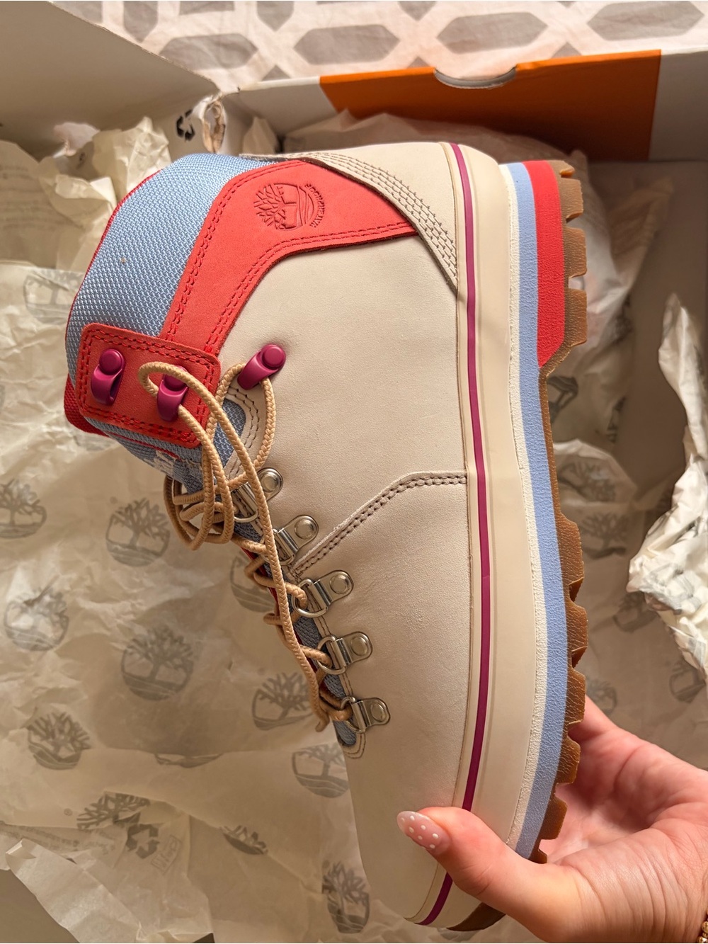 Timberland Women's Beige Lace-Up Boot with Coral & Light Blue Accents